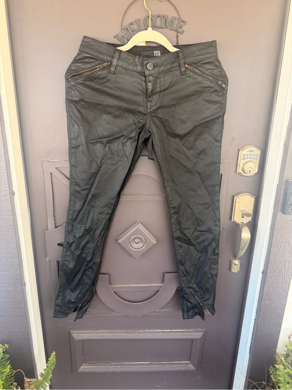 David Kahn Black Coated Skinny Jeans with Zip Accents